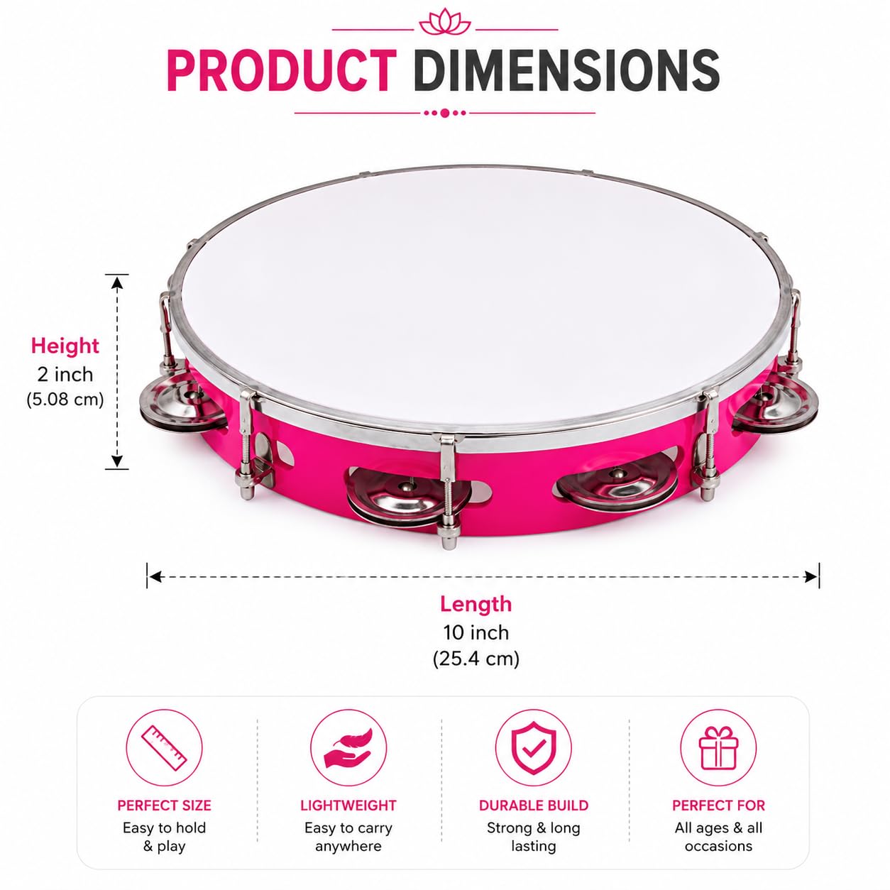 Pure Source India 10 Inch Dapli/Handheld Tambourine | Single Row Metal Jingles Percussion Instrument | Lightweight Musical Drum for Kids & Adults | Ideal for Bhajan, Kirtan, Pooja & Aarti (Pink)