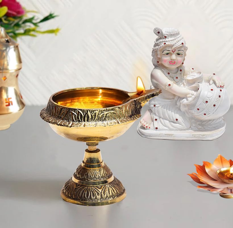 Pure Source India Brass Diya Lamp Akhand Diya, 4 x 3 Inch Traditional Oil Lamp | Brass Deepak for Mandir, Pooja Room, Diwali, Festivals, Home Decor & Religious Ceremonies