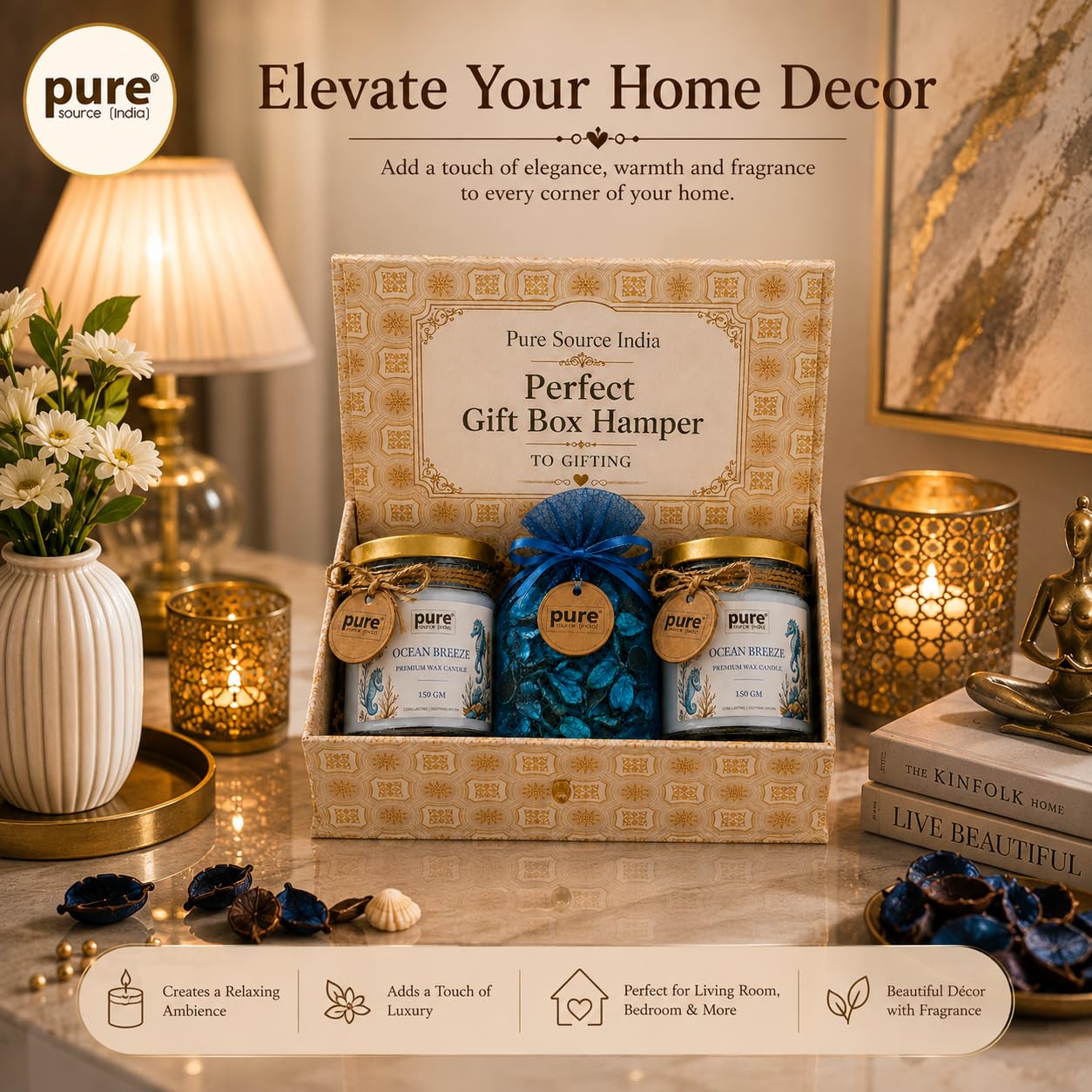 Pure Source India Luxury Festive Gift Box Hamper with Ocean Breeze Scented Candles & Blue Potpourri