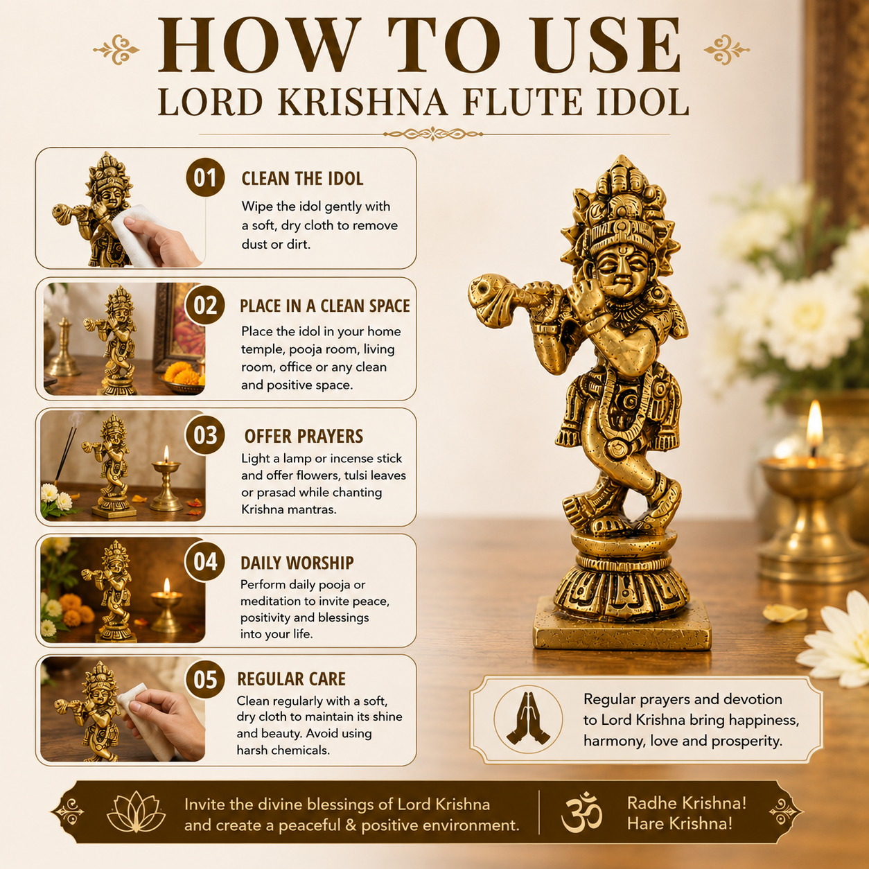 Pure Source India Pure Brass Lord Krishna Idol with Flute (7.5 cm) | Shree Lord Krishna Statue for Home Decor, Office Desk | Gift for House Warming (106 gm)