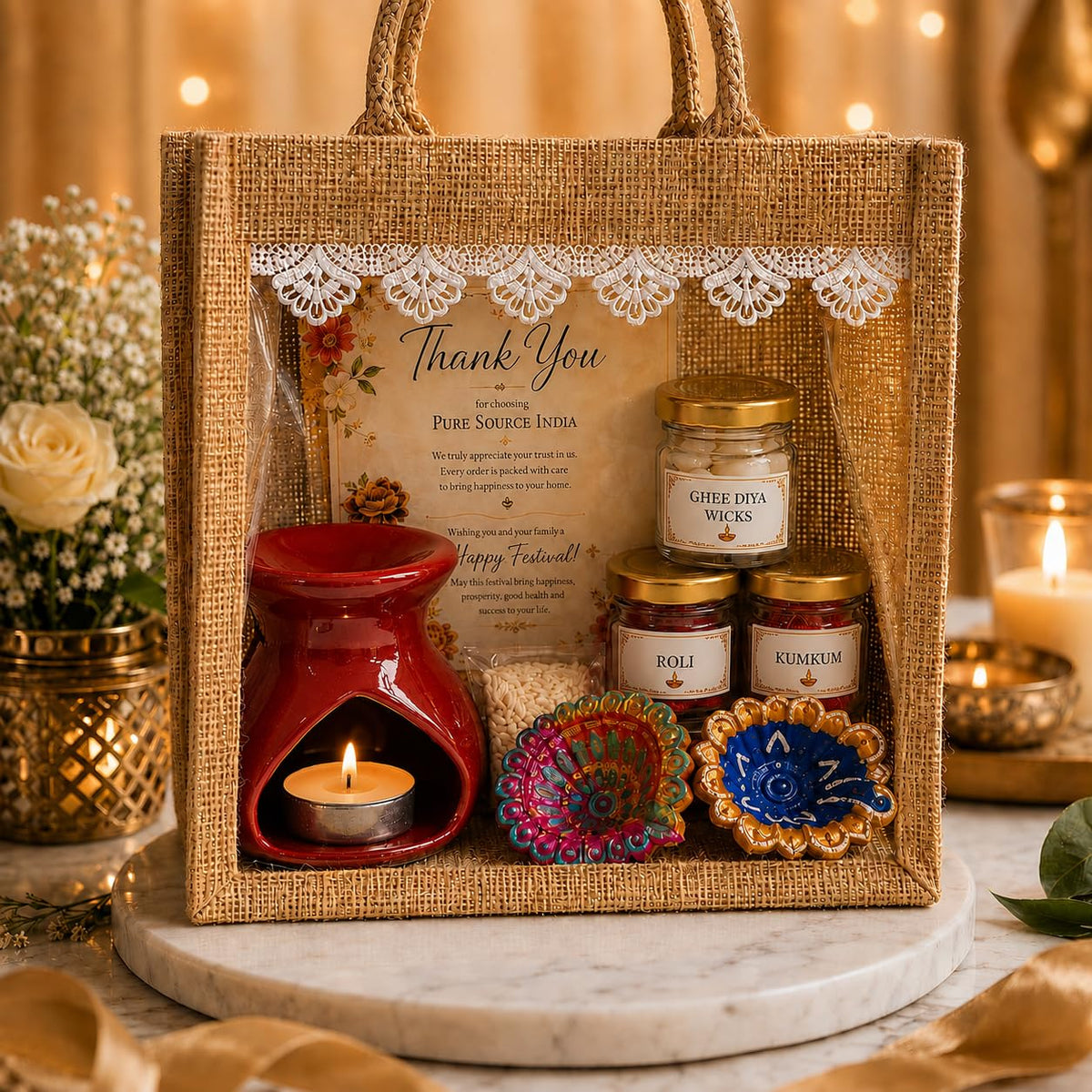 Pure Source India Diwali Pooja Gift Set with Roli Kumkum & Ghee Wicks Complete Diwali pooja and gifting combo (Red)