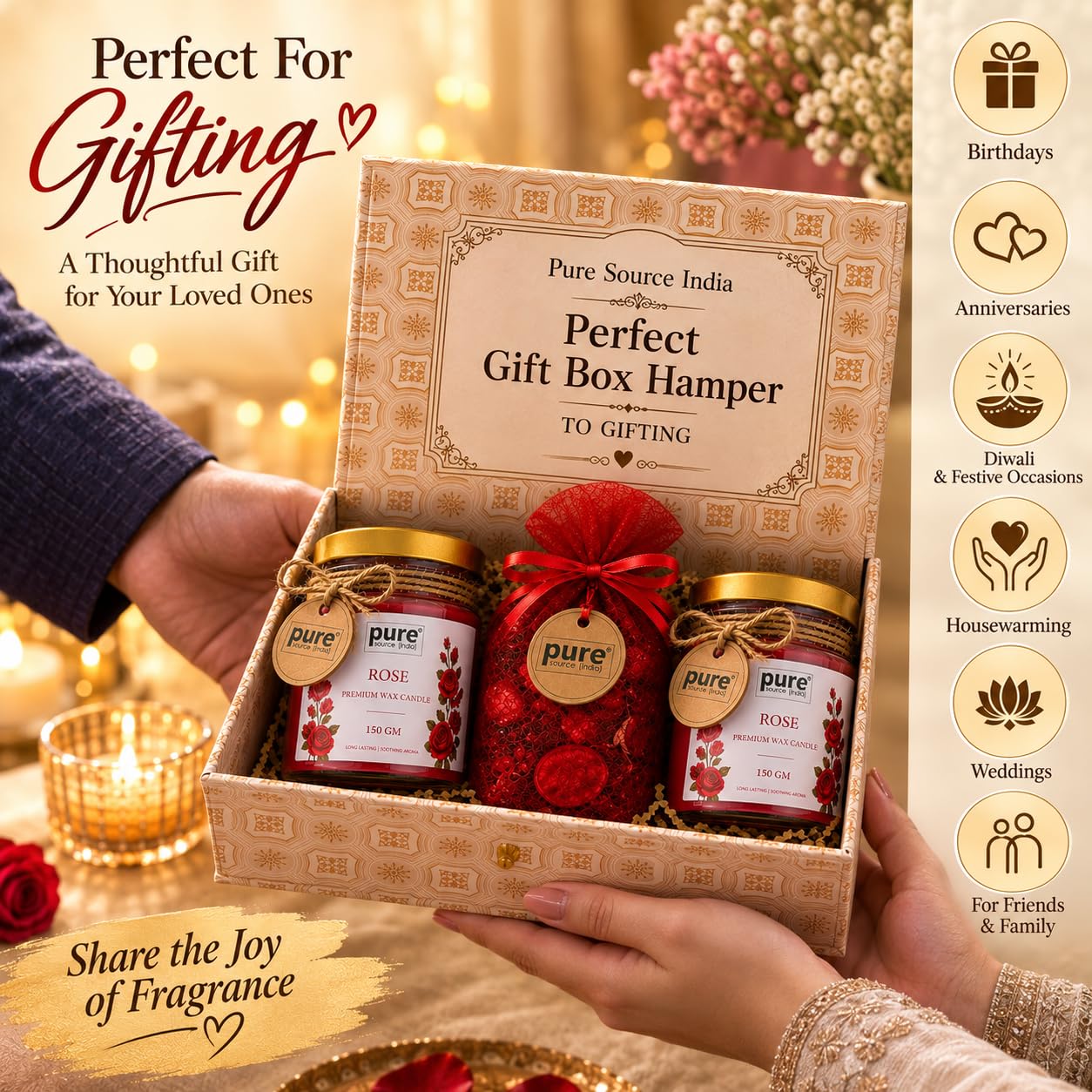 Pure Source India Luxury Festive Gift Box Hamper with Rose Scented Candles & Red Potpourri| Premium Gift Set