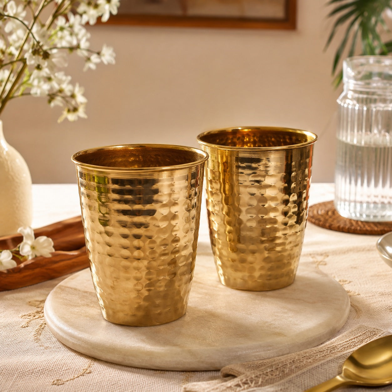 Pure Source India Pure Brass Lassi Glass Tumbler Set of 2, 250 ML Dotted Design Brass Drinking Glass | Traditional Indian Drinkware for Lassi, Water, Juice, Home, Kitchen & Gifting