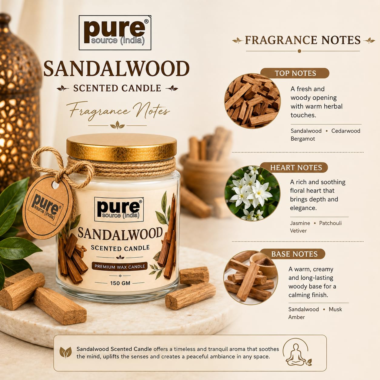 Pure Source India Premium Sandalwood Scented Wax Candle, 150 g | Woody Fragrance | 35–40 Hours Burn Time | Smokeless & Long-Lasting Aromatherapy Candle for Home Decor, Meditation, Diwali, Yoga & Gifting