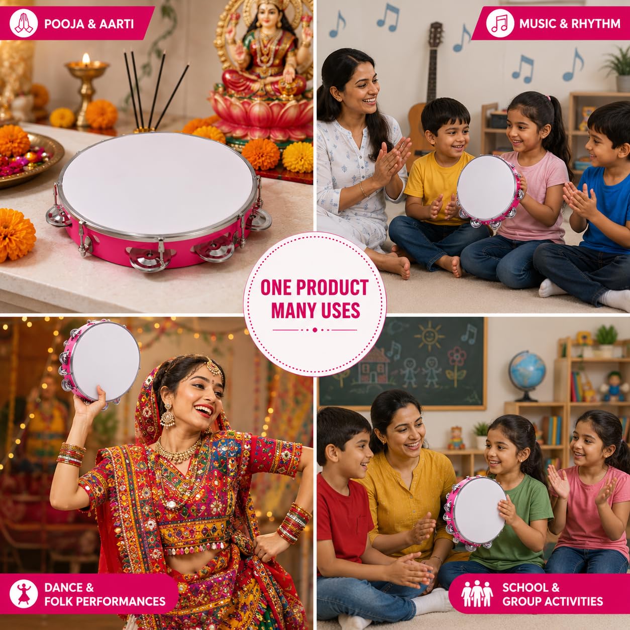 Pure Source India 10 Inch Dapli/Handheld Tambourine | Single Row Metal Jingles Percussion Instrument | Lightweight Musical Drum for Kids & Adults | Ideal for Bhajan, Kirtan, Pooja & Aarti (Pink)
