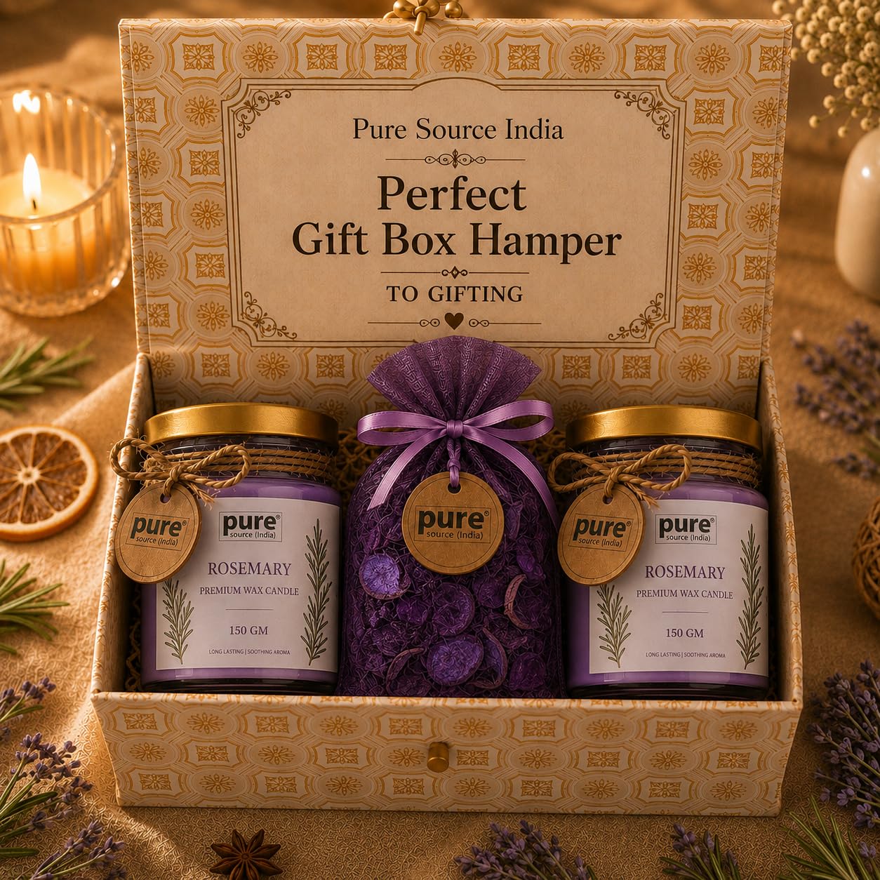 Pure Source India Luxury Festive Gift Box Hamper with Rosemary Scented Candles & Purple Potpourri