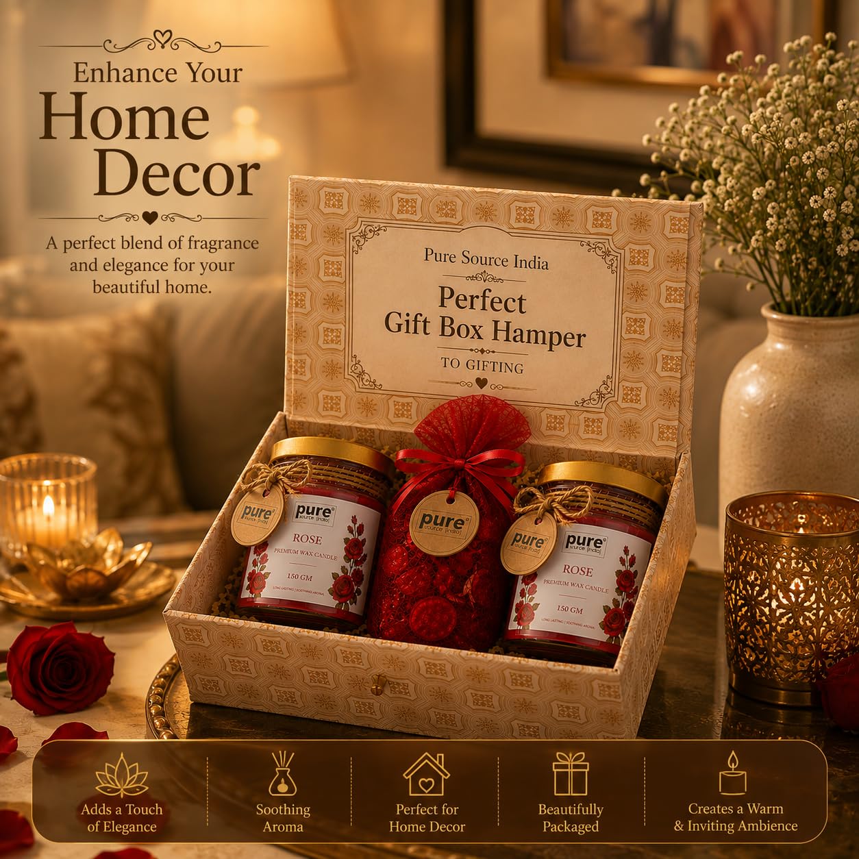 Pure Source India Luxury Festive Gift Box Hamper with Rose Scented Candles & Red Potpourri| Premium Gift Set