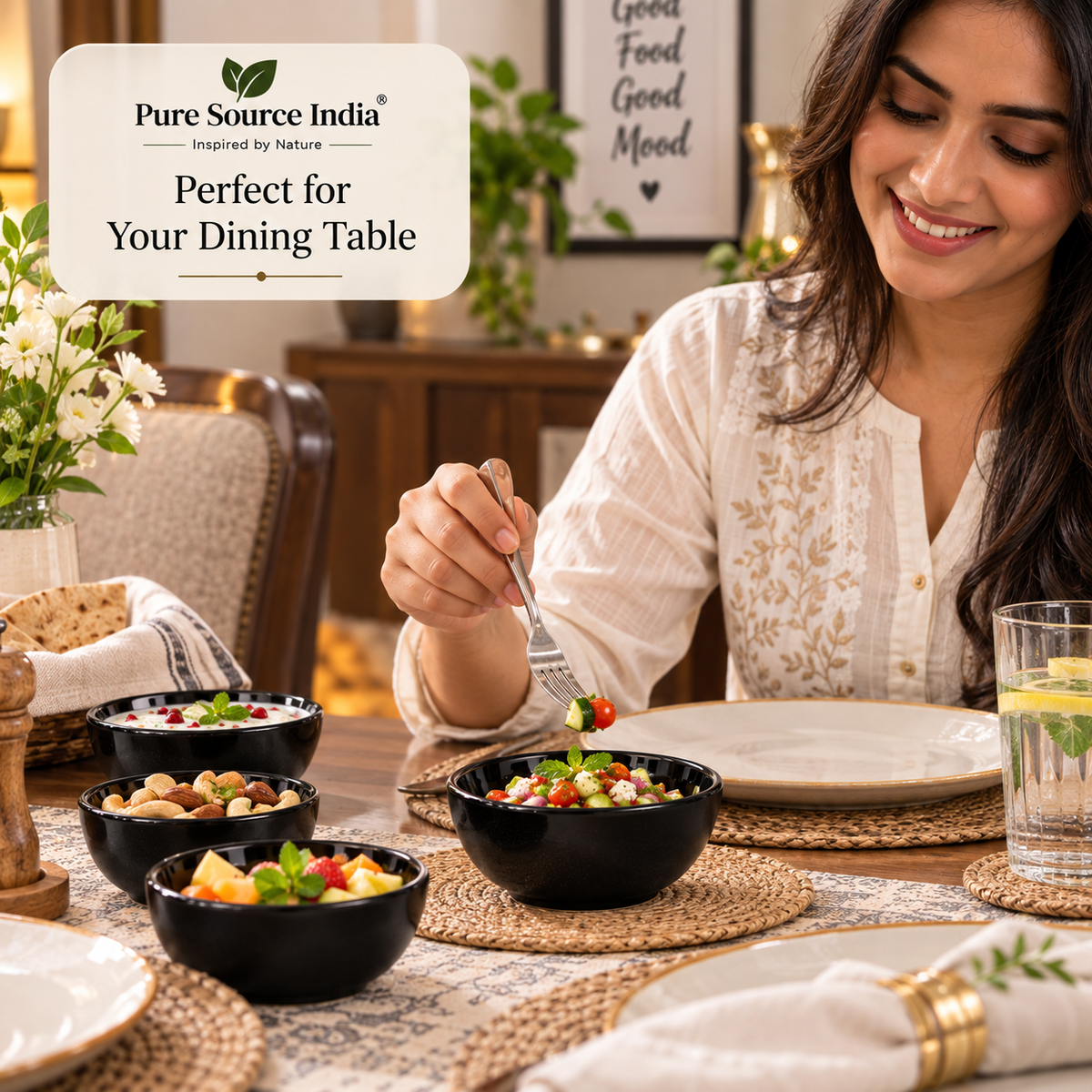 Pure Source India 200ml Black Ceramic Bowl for Serving & Dining | Premium Ceramic Serving Bowl | Food-Safe Kitchen Bowl