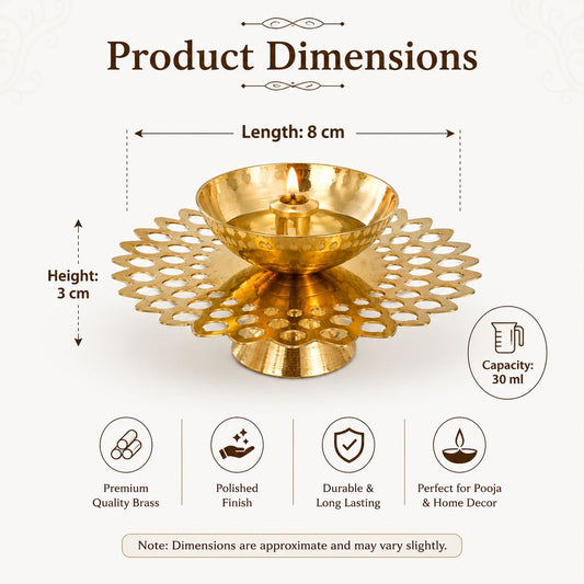 Pure Source India 8 cm, 30 ml Premium Lotus Brass Diya with Decorative Plate | Traditional Brass Deepak for Puja, Home Temple, Mandir Decor, Diwali, Wedding & Festive Gifting