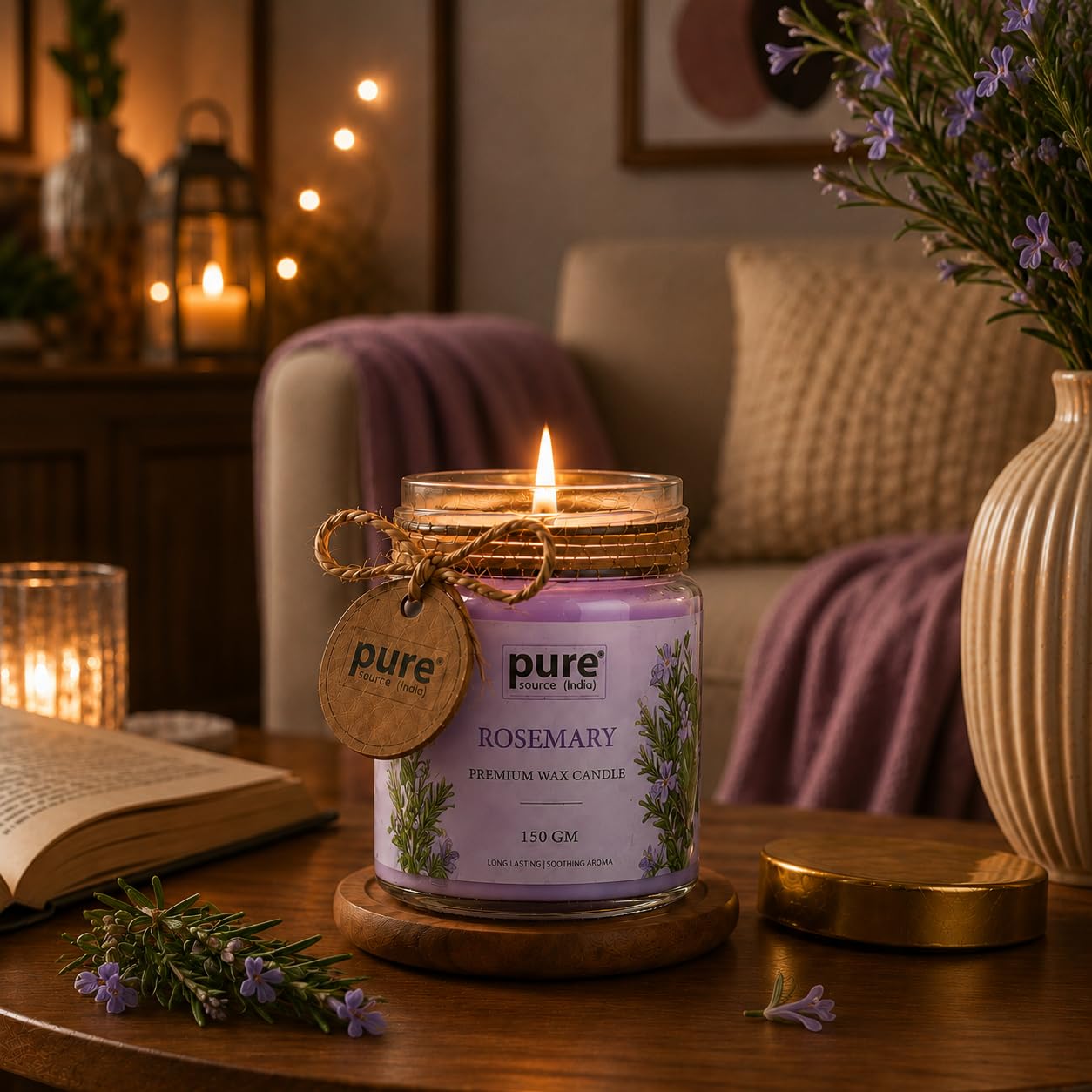Pure Source India Luxury Festive Gift Box Hamper with Rosemary Scented Candles & Purple Potpourri