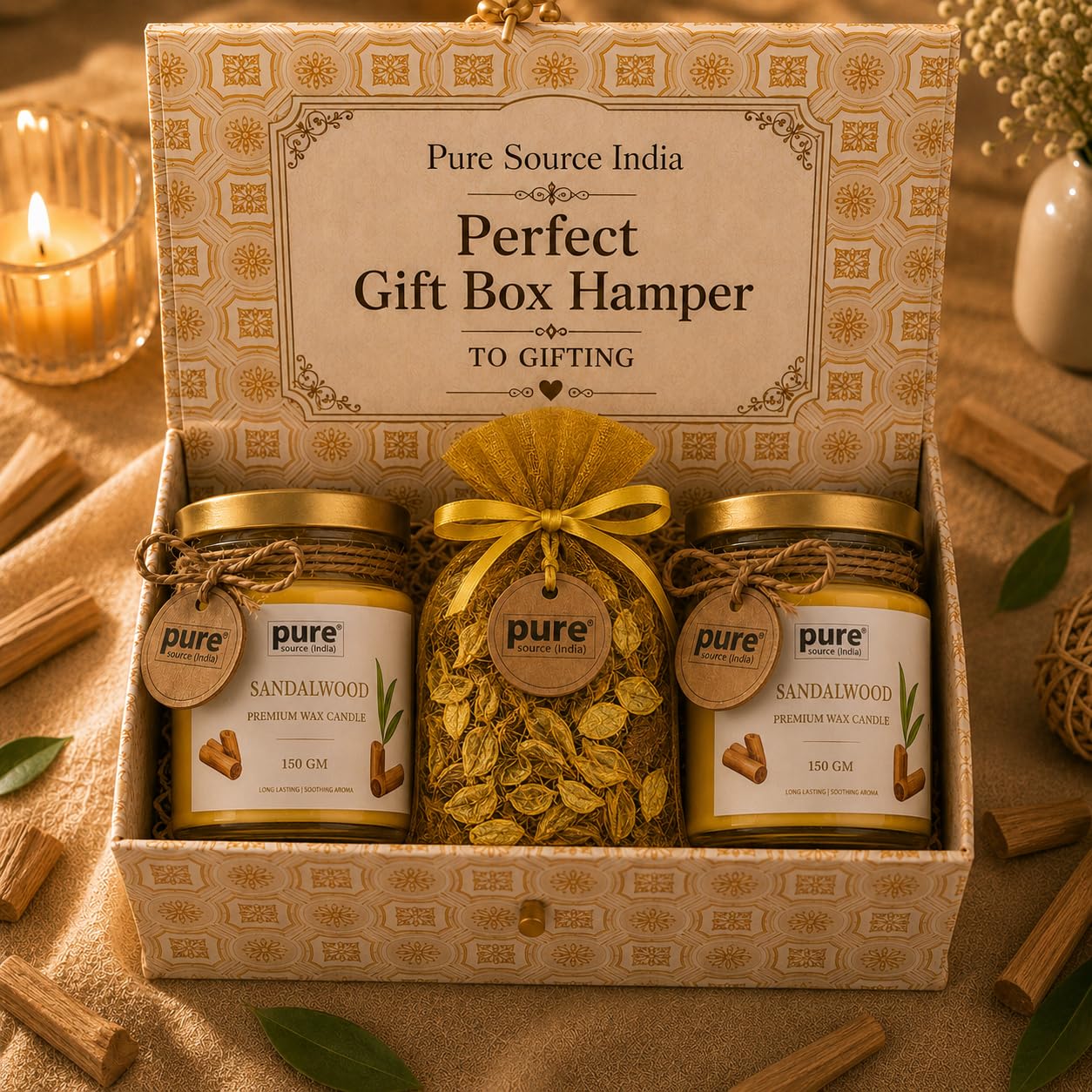 Pure Source India Luxury Festive Gift Box Hamper with Sandalwood Scented Candles & Yellow Potpourri| Premium Gift Set