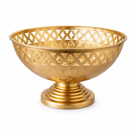Pure Source India Decorative Metal Pedestal Bowl with Cutwork Design, 6.2 Inch | Golden Geometric Pattern | Multipurpose Urli Bowl for Home Decor, Flowers, Potpourri, Diya & Festive Decoration