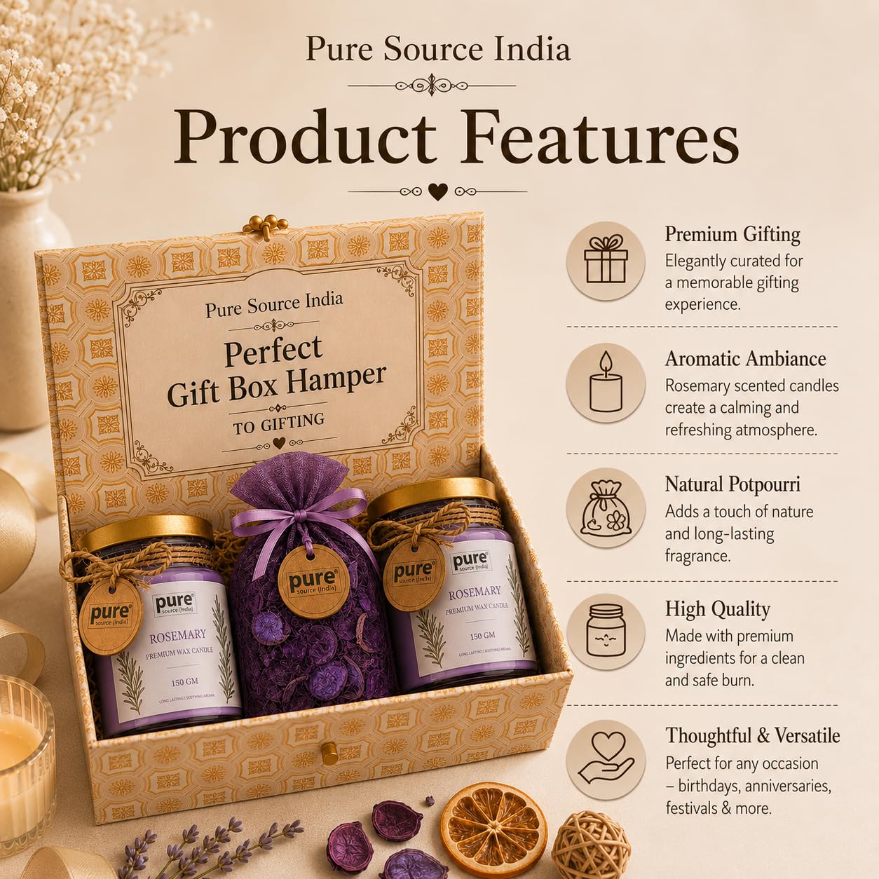 Pure Source India Luxury Festive Gift Box Hamper with Rosemary Scented Candles & Purple Potpourri