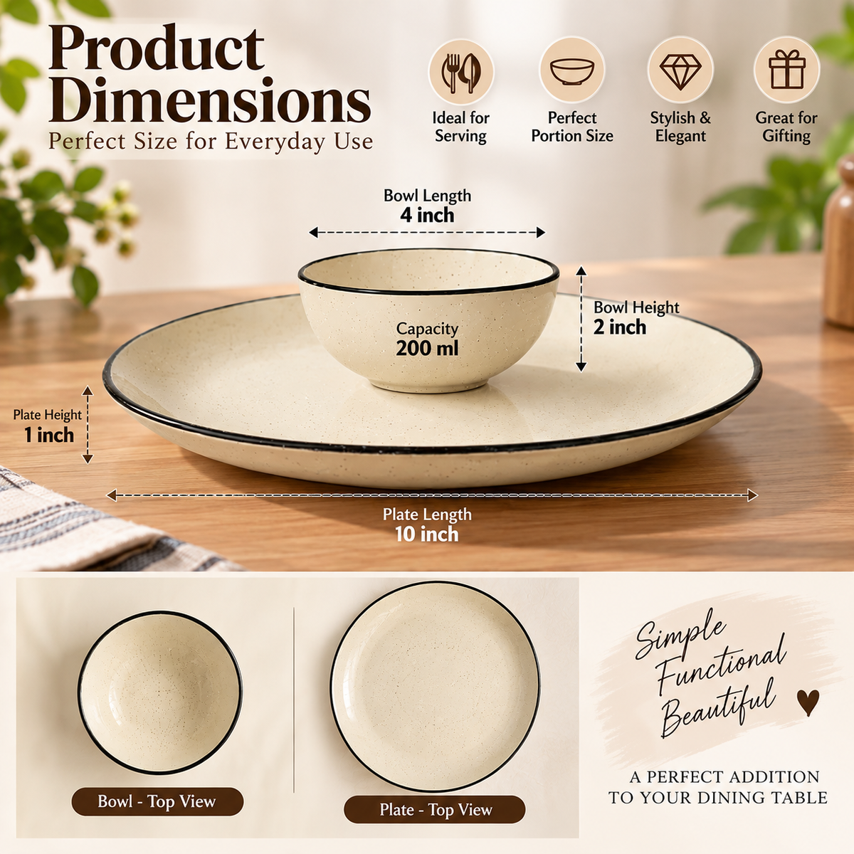 Pure Source India 10 Inch Plate & 200 ml Bowl Speckled Ceramic Chip & Dip Serving Platter with Bowl
