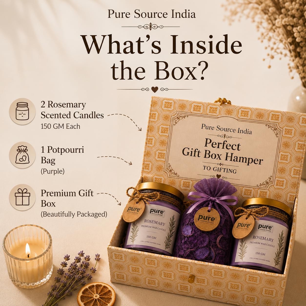 Pure Source India Luxury Festive Gift Box Hamper with Rosemary Scented Candles & Purple Potpourri