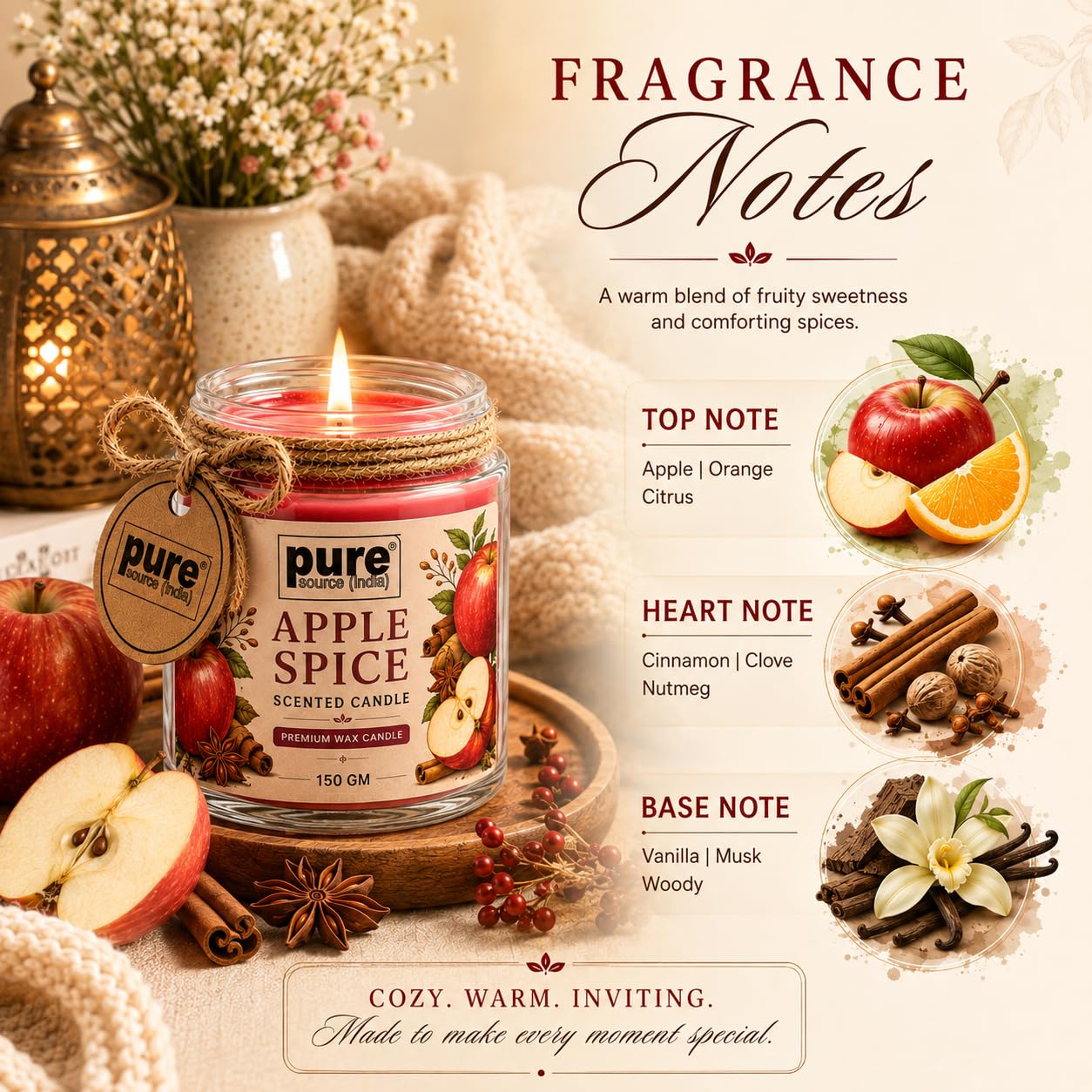 Pure Source India Premium Apple Spice Scented Wax Candle, 150 g | 35–40 Hours Long Burn Time | Aromatherapy Jar Candle for Home Fragrance, Home Decor, Diwali, Raksha Bandhan, Office, Spa & Gifting