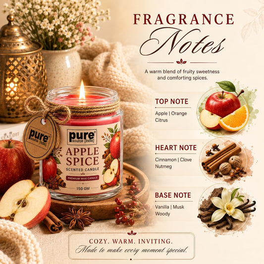 Pure Source India Premium Apple Spice Scented Wax Candle, 150 g | 35–40 Hours Long Burn Time | Aromatherapy Jar Candle for Home Fragrance, Home Decor, Diwali, Raksha Bandhan, Office, Spa & Gifting