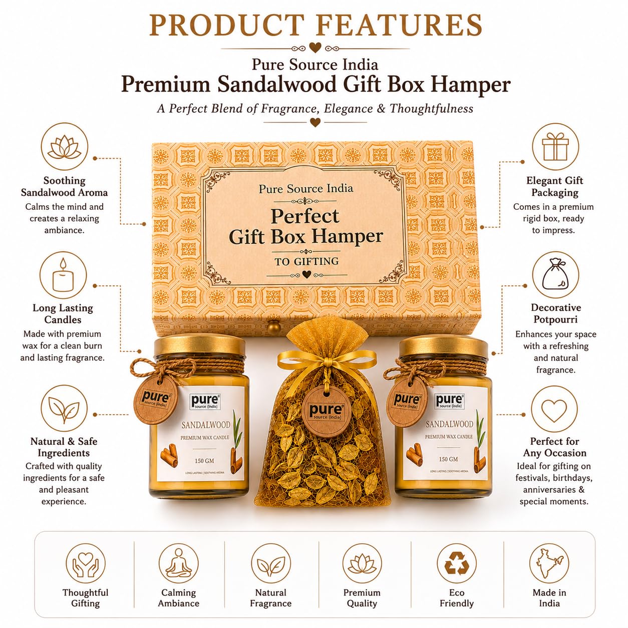 Pure Source India Luxury Festive Gift Box Hamper with Sandalwood Scented Candles & Yellow Potpourri| Premium Gift Set