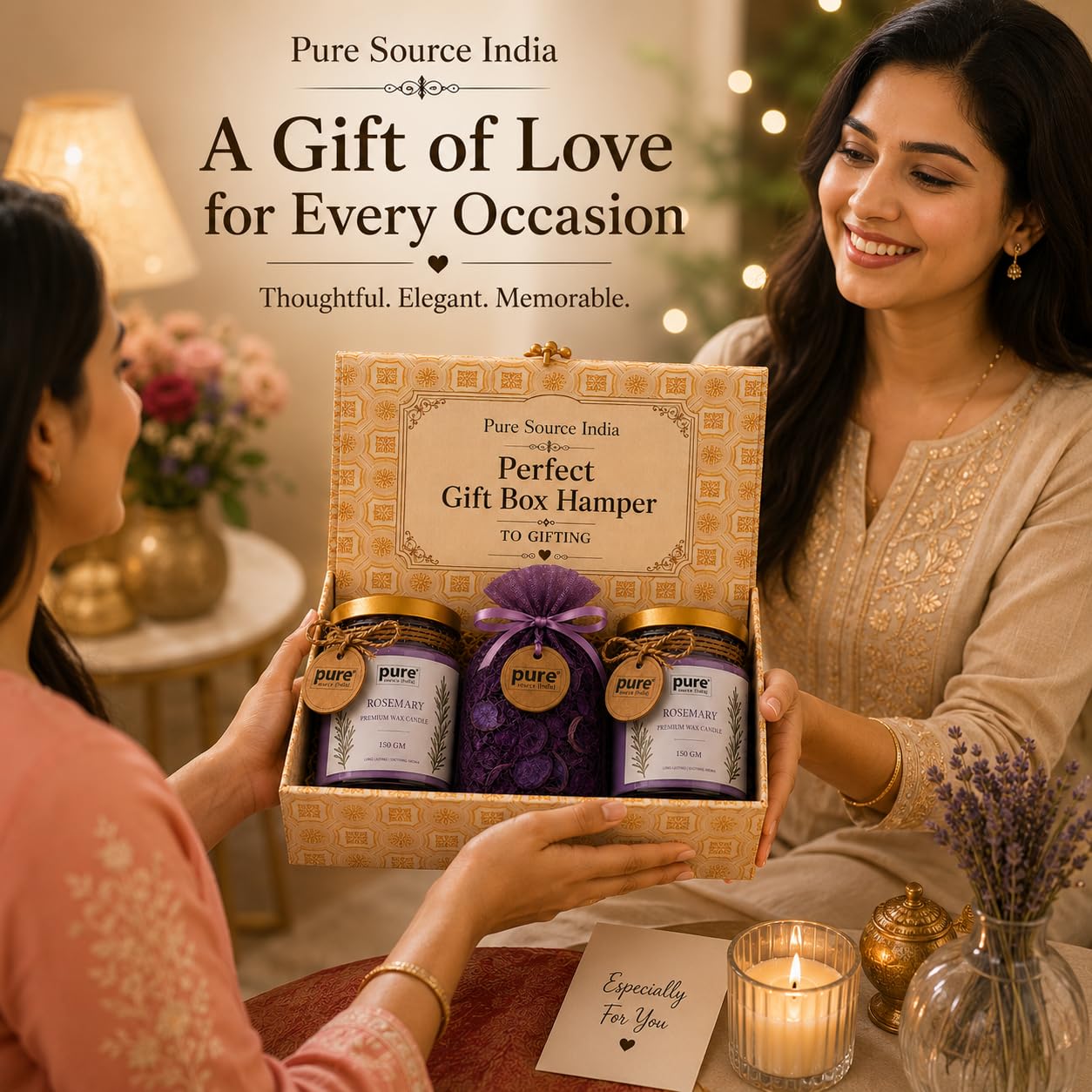Pure Source India Luxury Festive Gift Box Hamper with Rosemary Scented Candles & Purple Potpourri