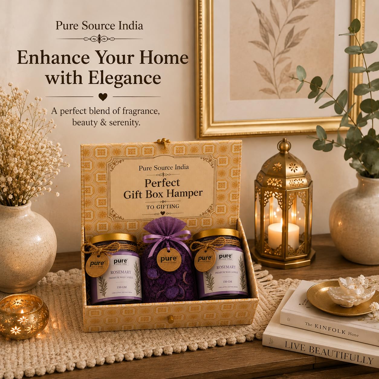 Pure Source India Luxury Festive Gift Box Hamper with Rosemary Scented Candles & Purple Potpourri