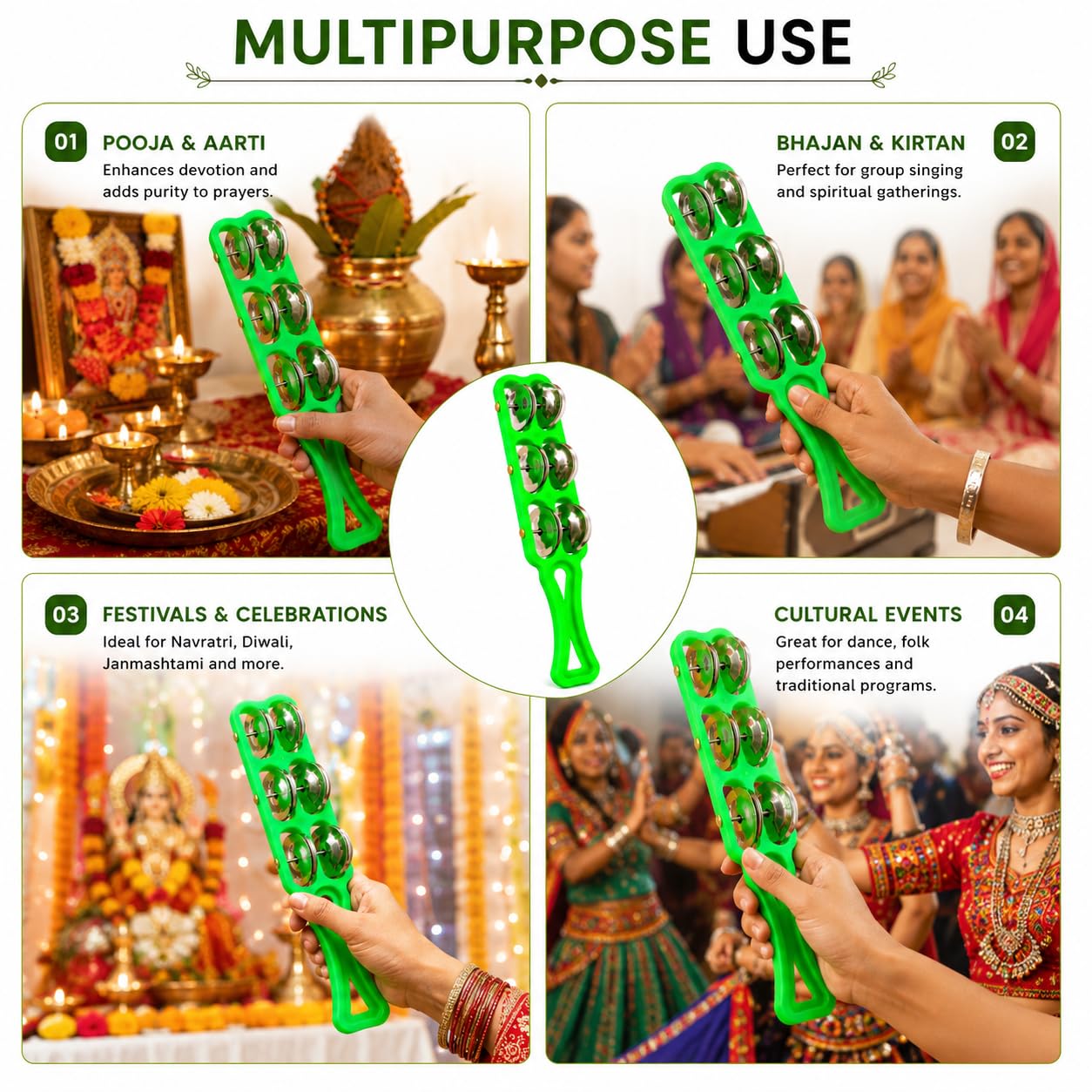 Pure Source India Handheld Plastic Tambourine Pack of 2 | 3-Pair Metal Jingle Percussion Instrument | Ideal for Bhajan, Kirtan, Pooja, Aarti, Garba, Music Practice & Cultural Events | Green