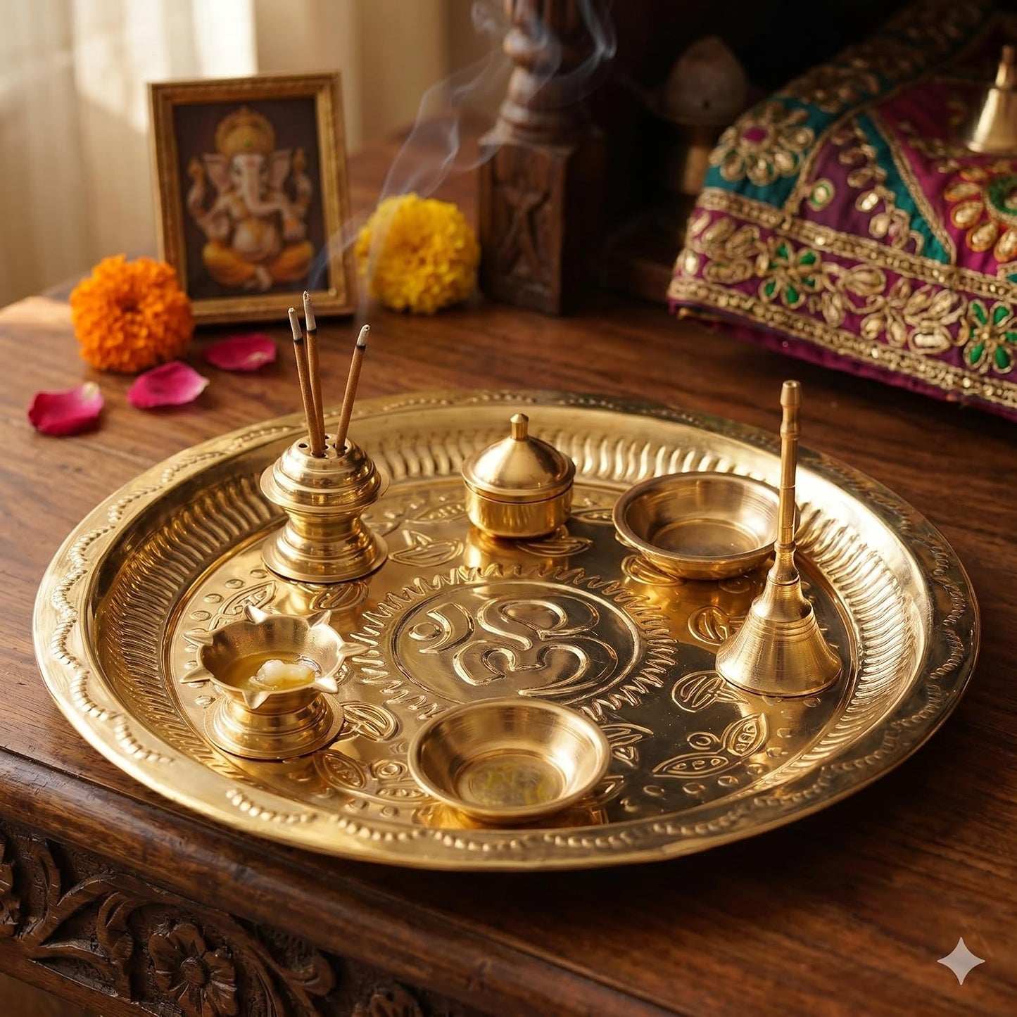 Pure Source India Pure Brass Pooja Thali Set of 7 Pieces with Gift Box, 11 Inch Traditional Puja Thali Set | Brass Pooja Items for Diwali, Mandir, Home, Office, Wedding & Return Gifts
