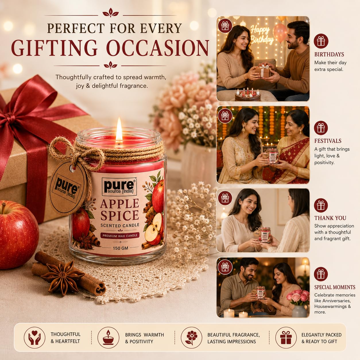 Pure Source India Premium Apple Spice Scented Wax Candle, 150 g | 35–40 Hours Long Burn Time | Aromatherapy Jar Candle for Home Fragrance, Home Decor, Diwali, Raksha Bandhan, Office, Spa & Gifting