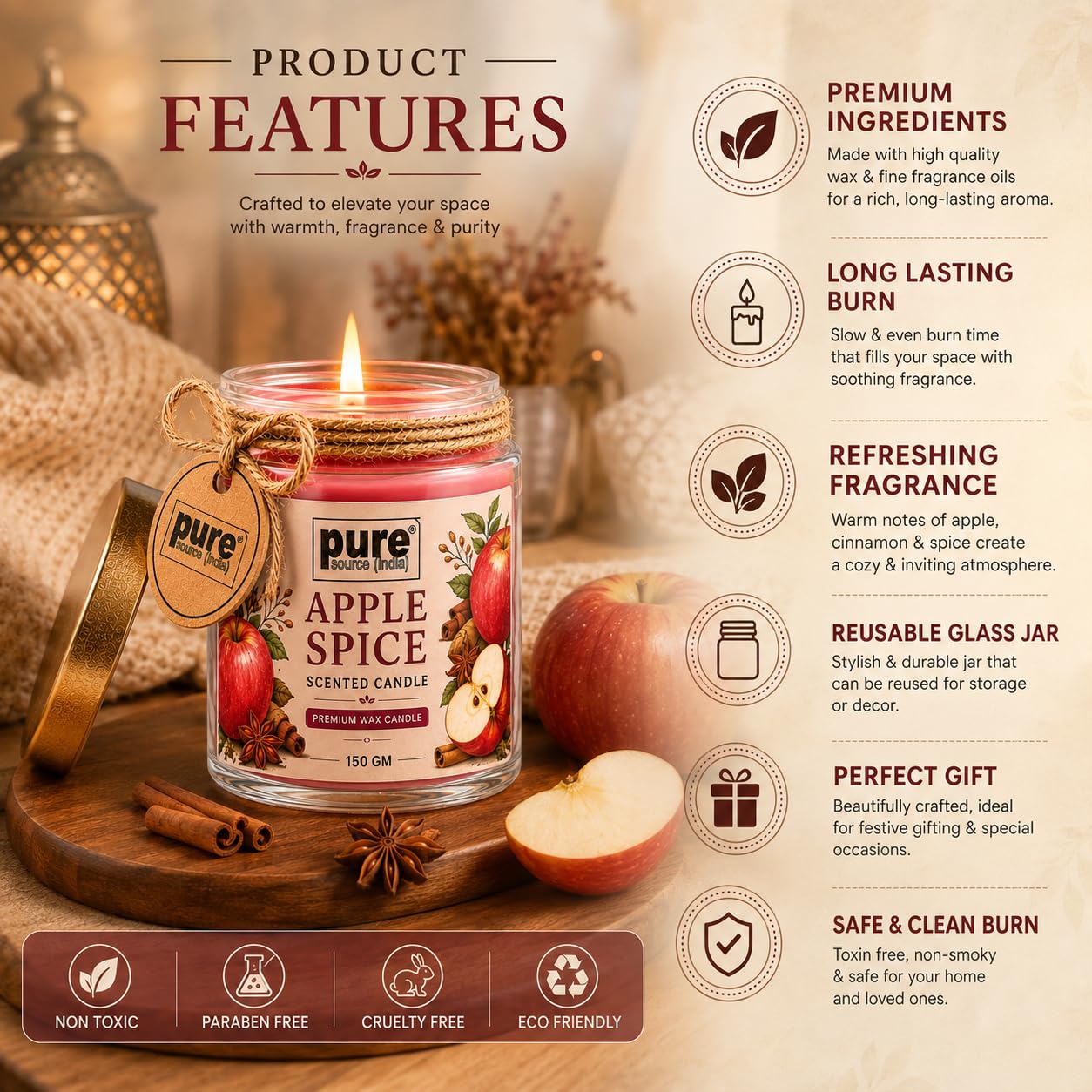 Pure Source India Premium Apple Spice Scented Wax Candle, 150 g | 35–40 Hours Long Burn Time | Aromatherapy Jar Candle for Home Fragrance, Home Decor, Diwali, Raksha Bandhan, Office, Spa & Gifting
