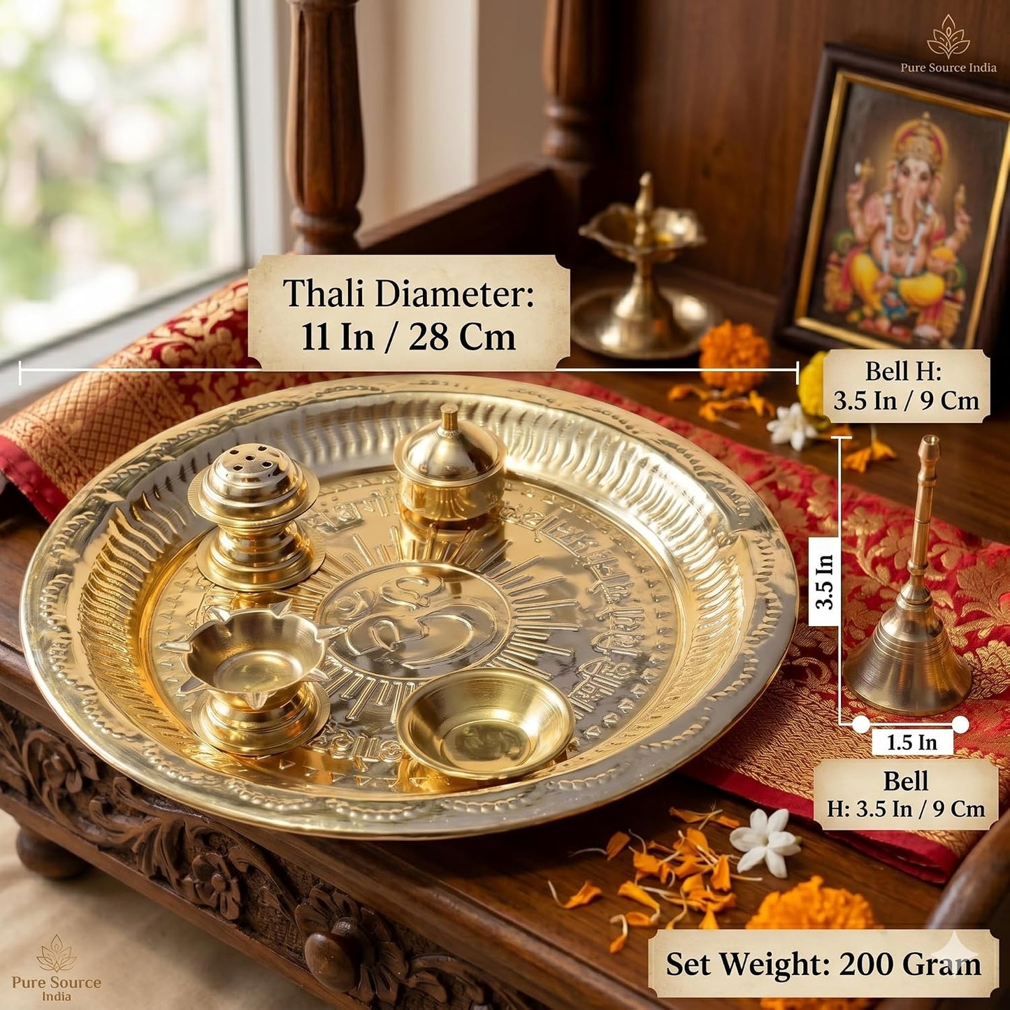 Pure Source India Pure Brass Pooja Thali Set of 7 Pieces with Gift Box, 11 Inch Traditional Puja Thali Set | Brass Pooja Items for Diwali, Mandir, Home, Office, Wedding & Return Gifts