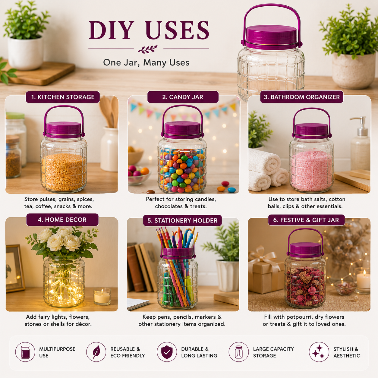 Pure Source India 3 Kg Glass Jar Container With Purple Lid Handle