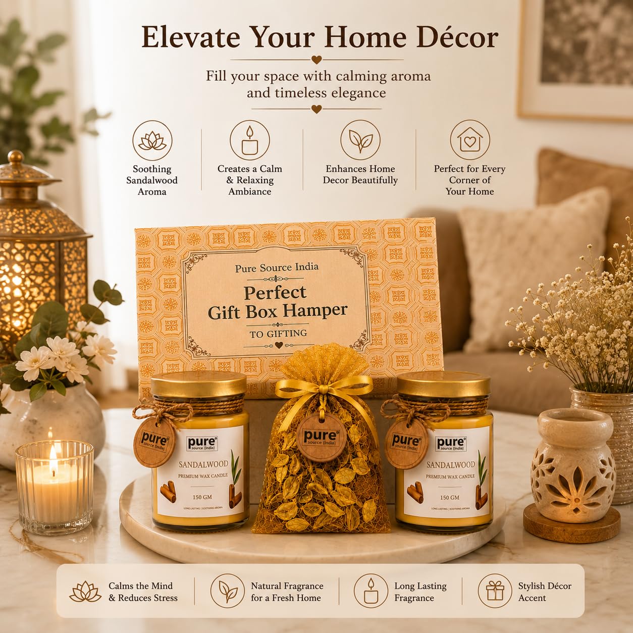 Pure Source India Luxury Festive Gift Box Hamper with Sandalwood Scented Candles & Yellow Potpourri| Premium Gift Set