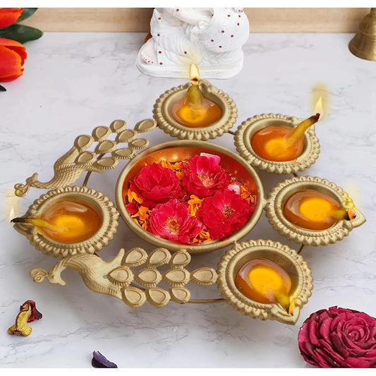 Pure Source India Handcrafted Peacock Diya Shape Urli Bowl, 7.5 Inch | Decorative Floating Flower & Tea Light Candle Bowl | Traditional Home, Office, Pooja & Diwali Décor