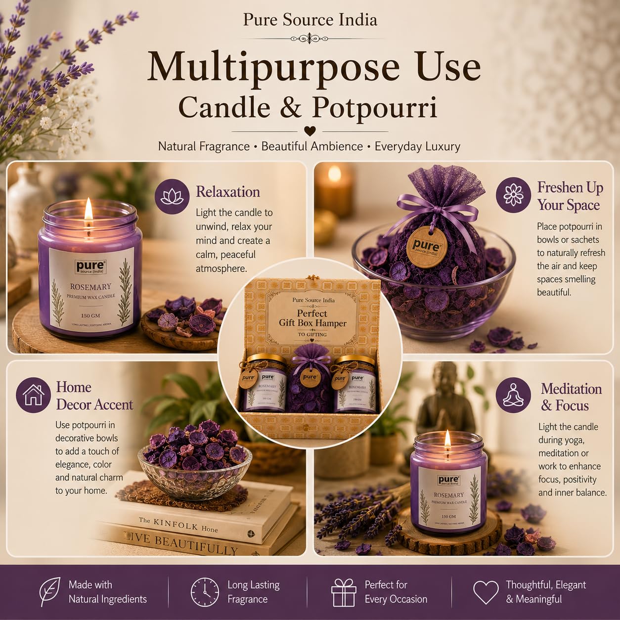 Pure Source India Luxury Festive Gift Box Hamper with Rosemary Scented Candles & Purple Potpourri