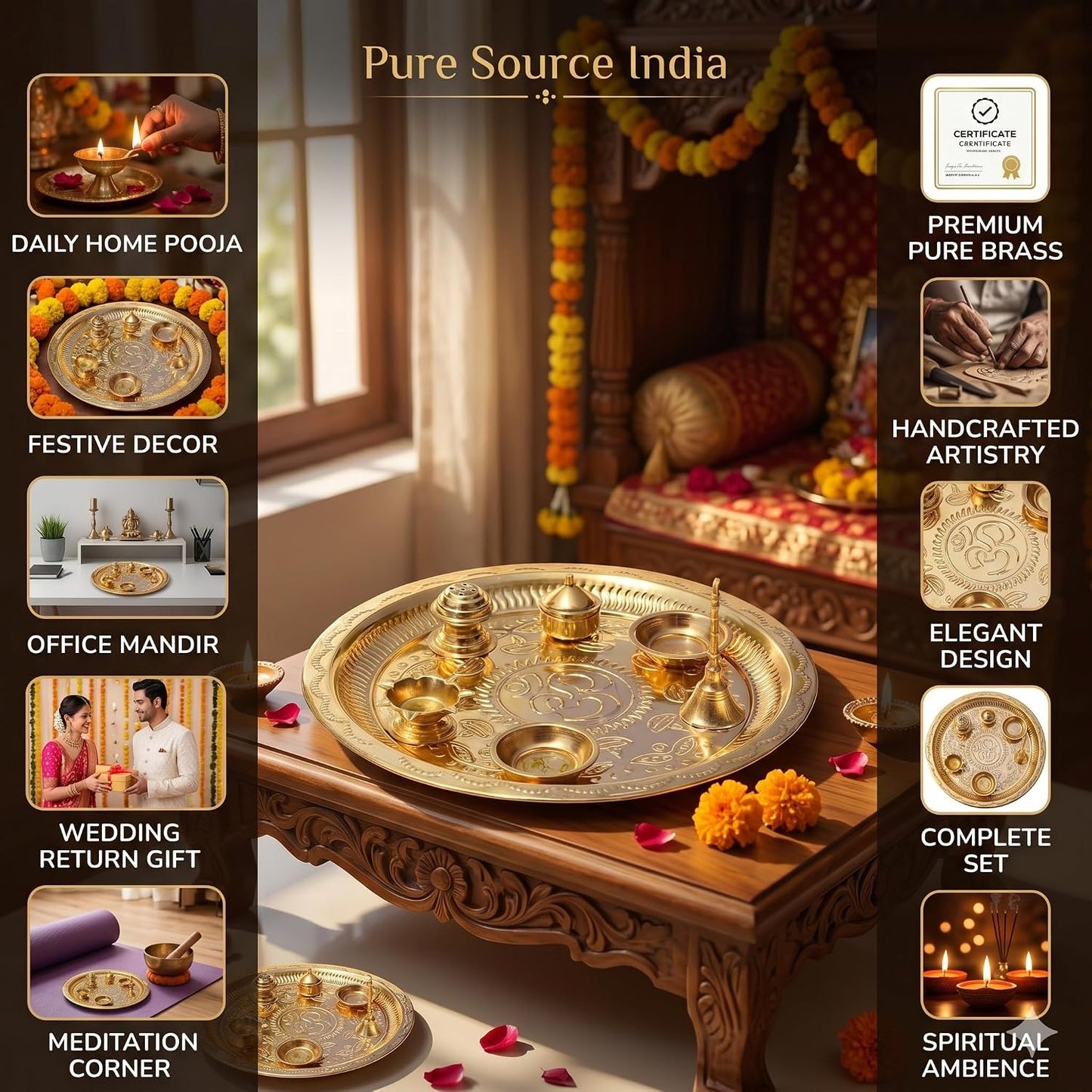 Pure Source India Pure Brass Pooja Thali Set of 7 Pieces with Gift Box, 11 Inch Traditional Puja Thali Set | Brass Pooja Items for Diwali, Mandir, Home, Office, Wedding & Return Gifts