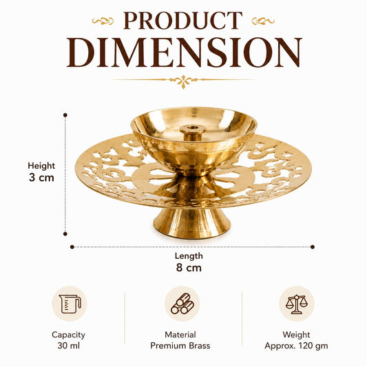 Pure Source India Aaradhya Brass Diya with Decorative Plate, 8 cm | 30 ml Capacity | Traditional Brass Deepak for Puja, Temple, Home Mandir, Diwali Decoration & Festival Gifting