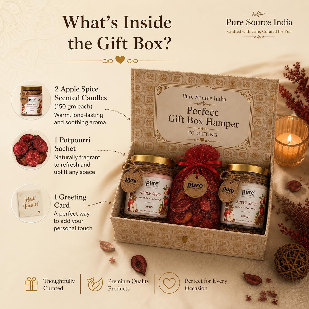 Pure Source India Luxury Festive Gift Box Hamper with Apple Spice Scented Candles & Red Potpourri