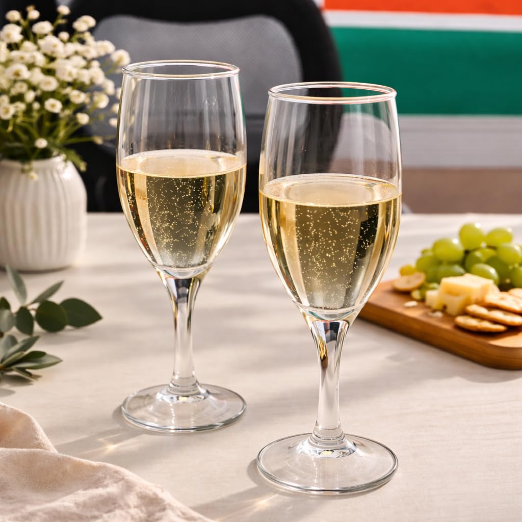 Pure Source India 200ml Wine Glass Set of 2 | Elegant Clear Glass Champagne Flutes | Durable Stemware for Wine, Champagne, Cocktails, Mocktails, Party, Dining & Home Use