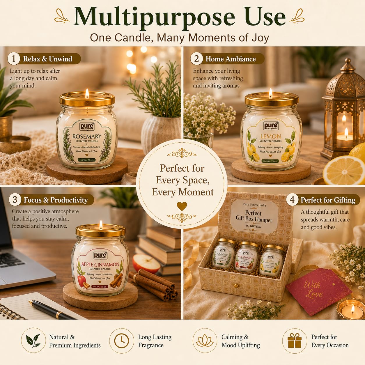Pure Source India Scented Candle Gift Set of 3 | Rosemary, Apple cinnamon, Lemon | 75g Each | Fragrance Candles for Home, Living Room & Gifting (Copy)