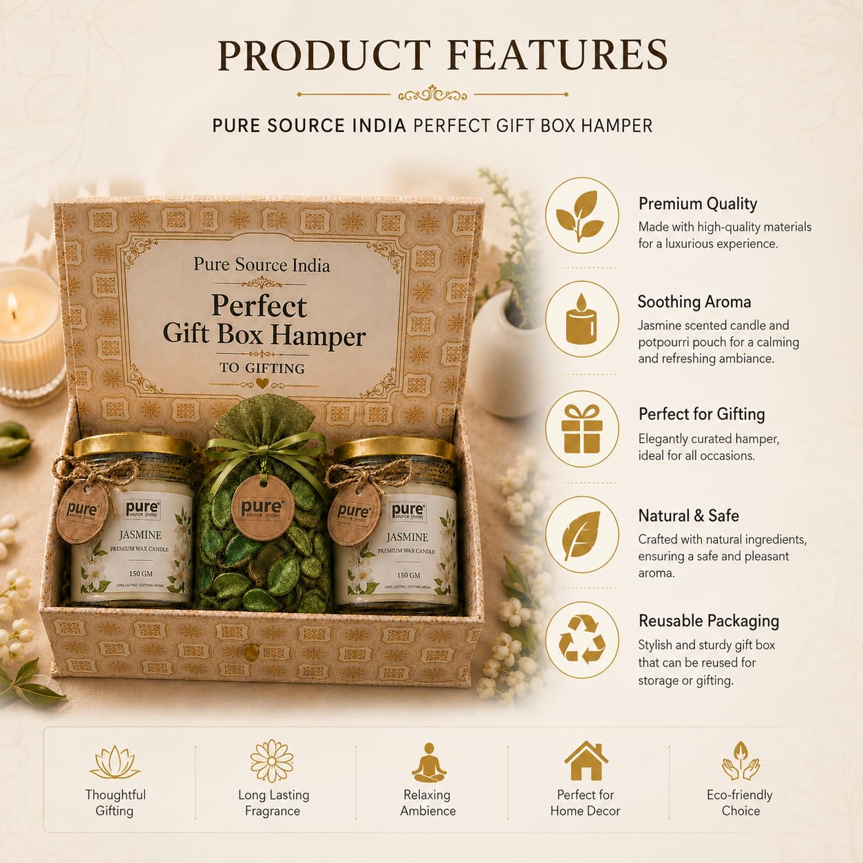 Pure Source India Luxury Festive Gift Box Hamper with Jasmine Scented Candles & Green Potpourri| Premium Gift Set