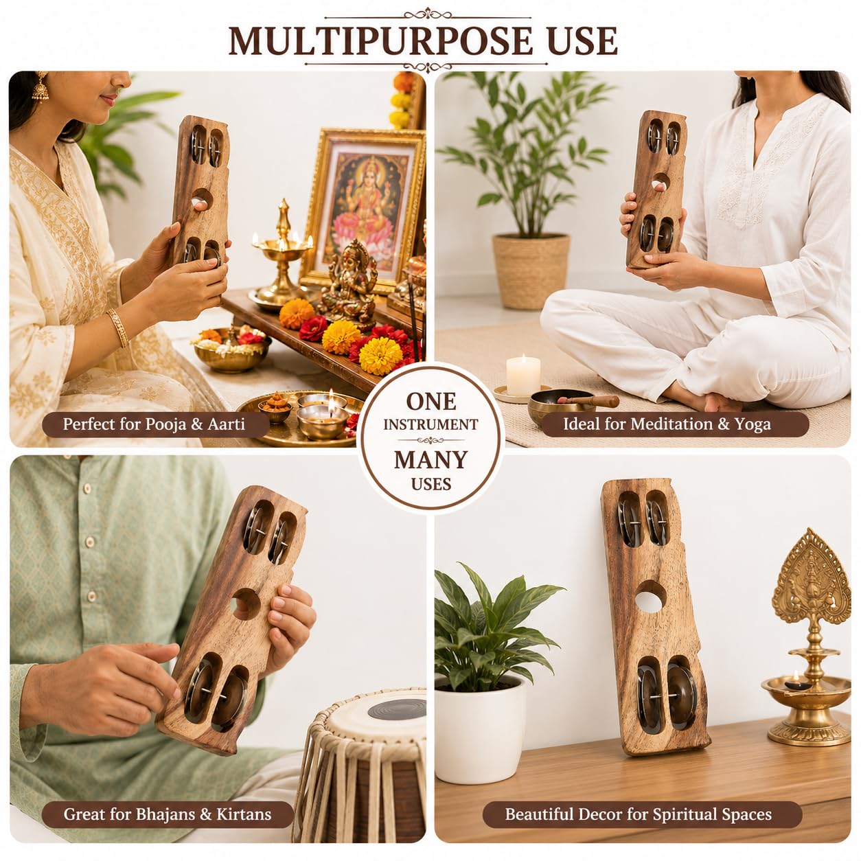 Pure Source India Wooden Kartal Handheld Jingle Bell Musical Instrument Pack of 2 | 4 Stainless Steel Bells | Natural Wood Percussion Shaker for Bhajan, Kirtan, Pooja, Aarti, Meditation & Devotional Music