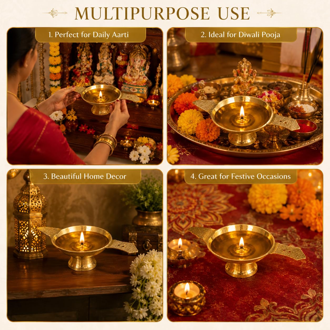 Pure Source India Brass Diya Oil Lamp for Pooja, 4.5 Inch | Traditional Indian Deepam with Decorative Handles | Brass Temple Lamp for Home, Diwali, Festivals & Spiritual Decor