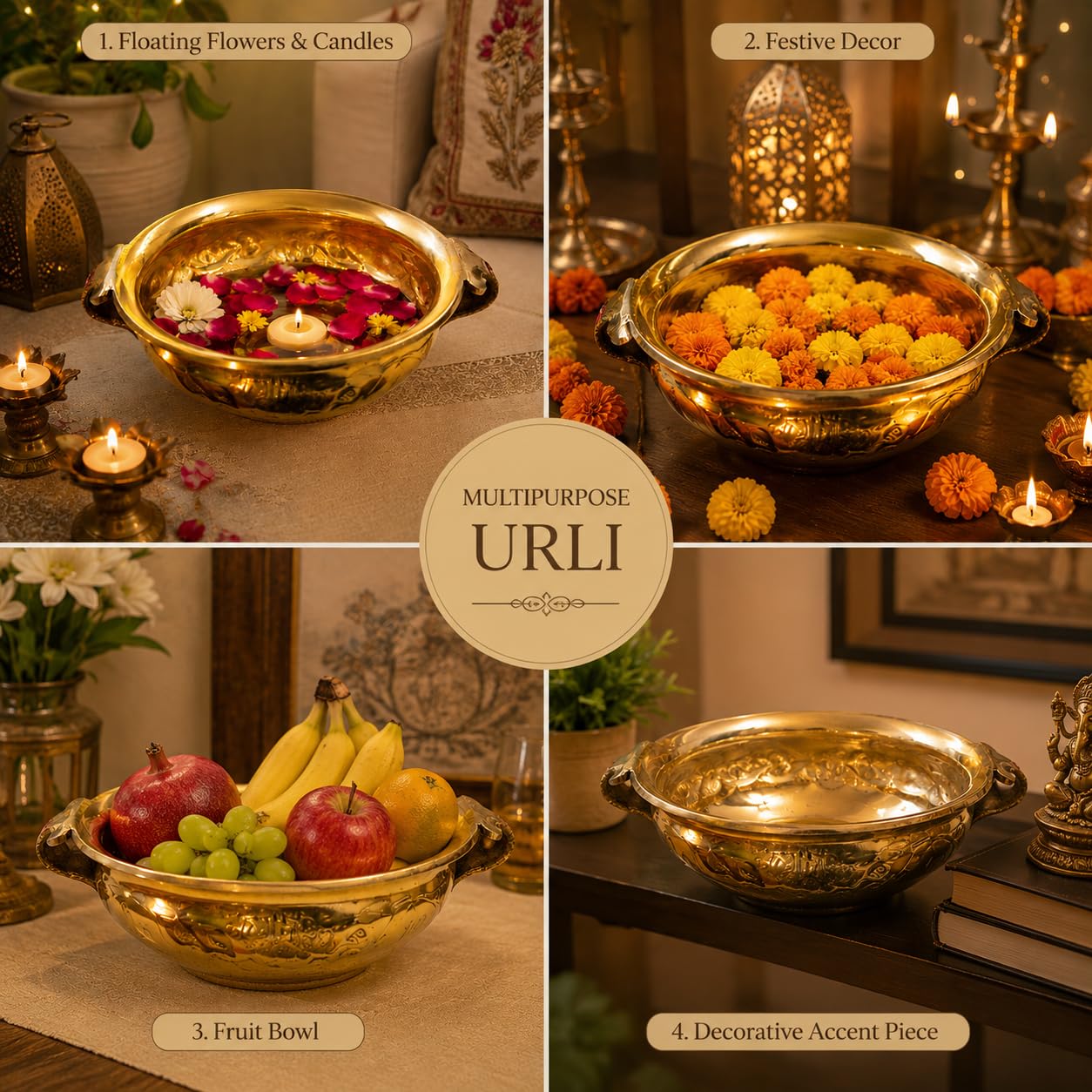 Pure Source India Brass Urli Bowl with Handles, 600 ml | Decorative Floating Flower Bowl for Home Decor, Diwali, Rangoli, Center Table, Wedding, Pooja & Festive Decoration