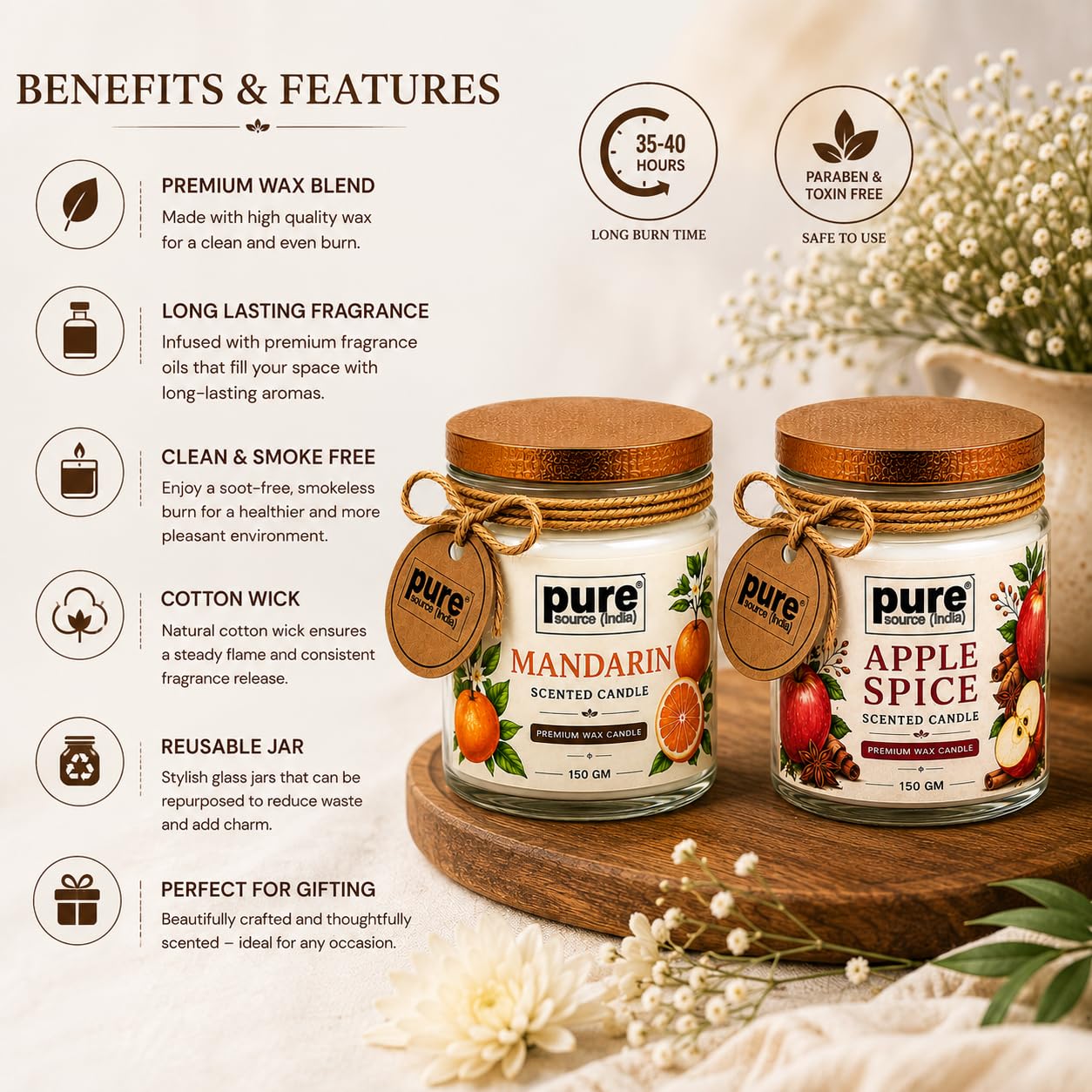 Pure Source India Scented Jar Candle Set of 2 (Apple Spice & Mandarin) | 150g Each | Premium Wax Candles | 35-40 Hours Burn Time | Aromatherapy Candles for Home Decor, Diwali, Bedroom, Spa & Gifts