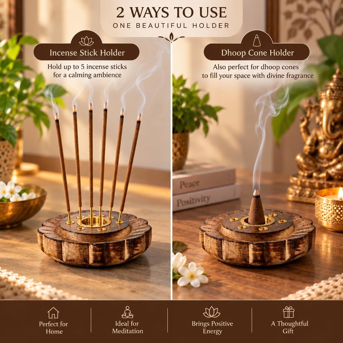 Pure Source India Lotus Design Wooden Incense & Dhoop Cone Holder | 5 Stick Agarbatti Stand for Pooja Room