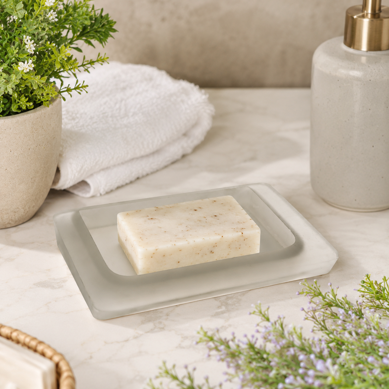 Pure Source India Stylish Durable Rectangular Design Glass Frosted Soap Dish for Hand Cleanser, Body Wash, Bathroom Shower Use