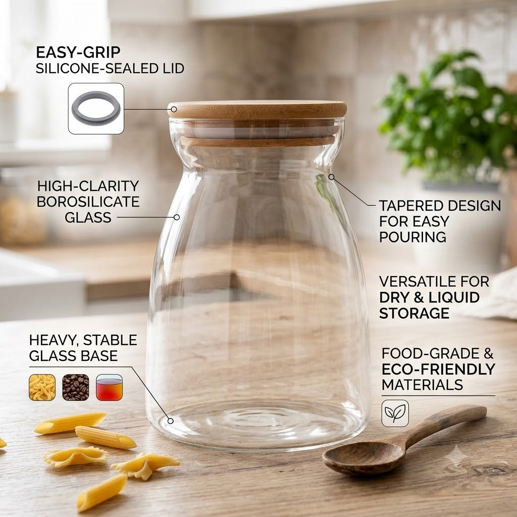 Pure Source India 1000ml 6Inch Borosilicate Glass Bamboo Airtight Lid Jar For Kitchen Storage Flour, Sugar, Cookie & Dry Fruits(Clear)