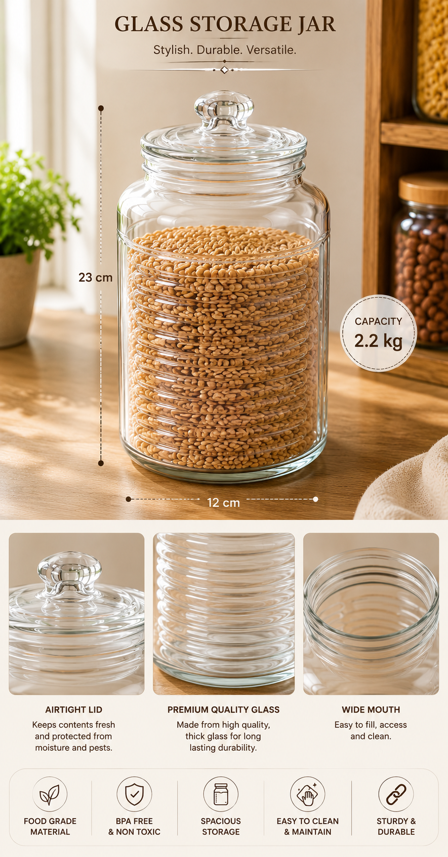 Pure Source India 2.2Ltr Round Airtight Glass Jar Container,Clear