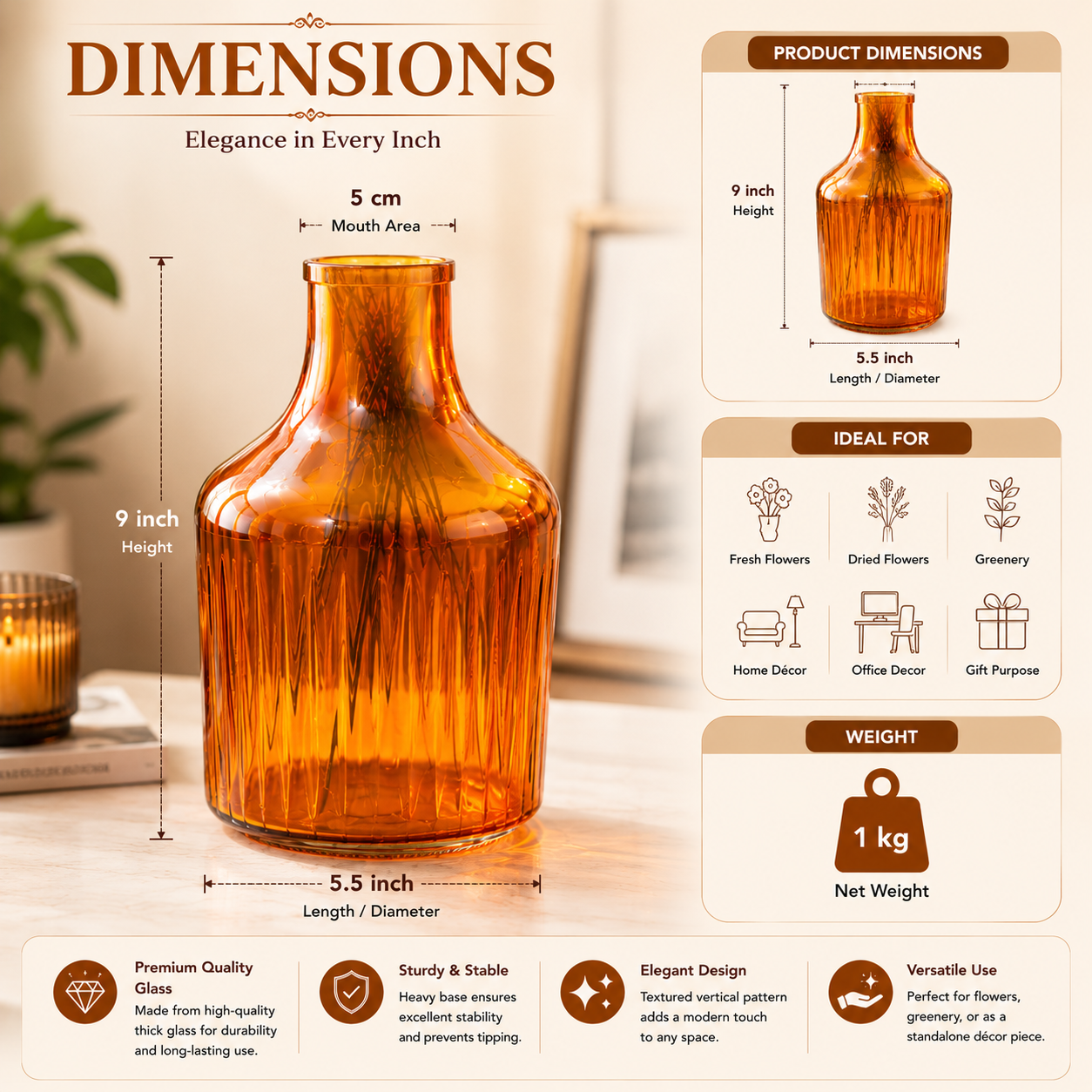 Pure Source India Amber Glass Flower Vase – 9 Inch Decorative Ribbed Bottle Vase for Home Decor, Modern Centerpiece for Living Room, Dining Table & Office