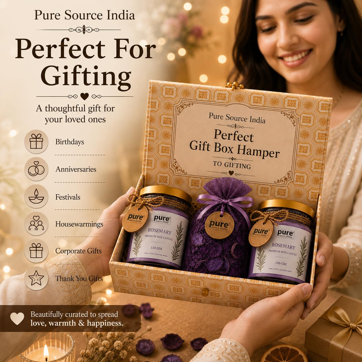 Pure Source India Luxury Festive Gift Box Hamper with Rosemary Scented Candles & Purple Potpourri