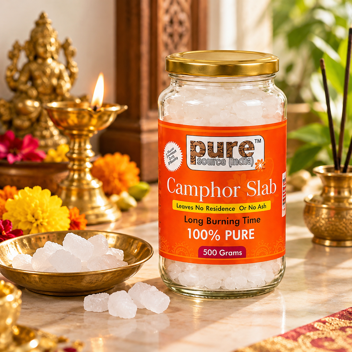 Pure Source India 100% Pure Natural Camphor Slab 500g | Long Burning Camphor for Pooja, Aarti & Home Fragrance